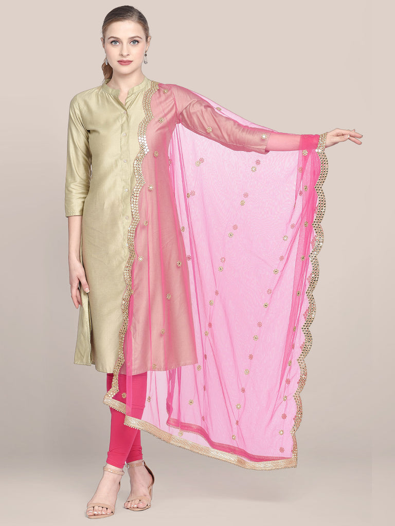 Embellished Pink Net Dupatta with Scallops. freeshipping - Dupatta Bazaar