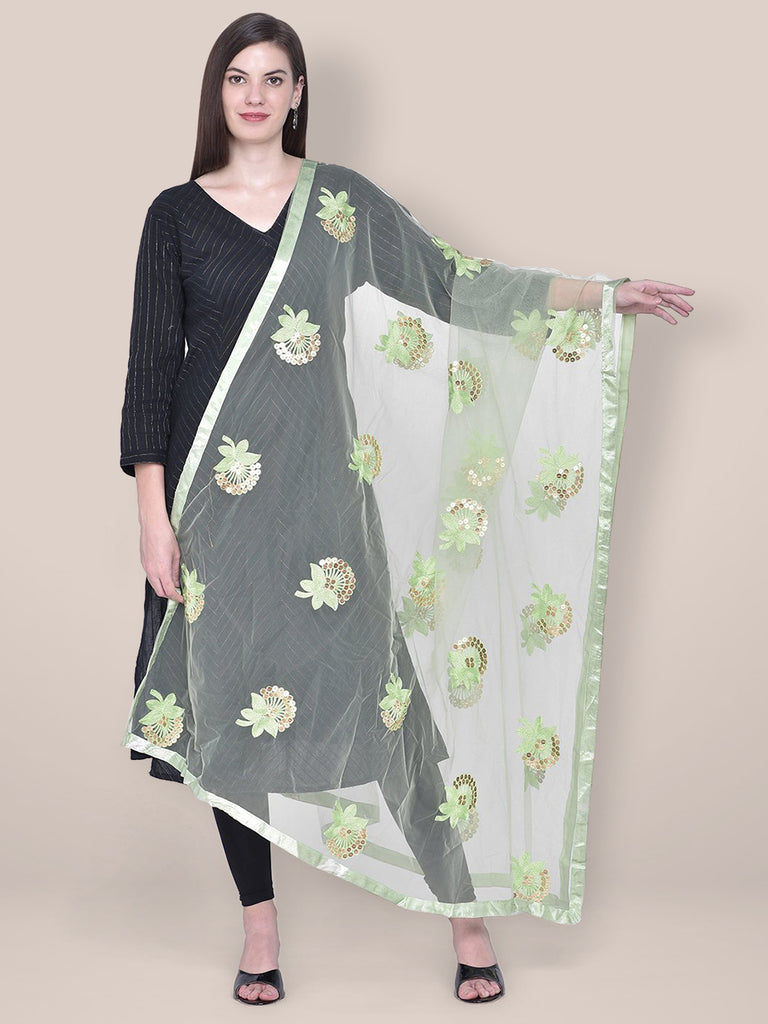 Dupatta Bazaar Woman's Embroidered Sequence Work Green Net dupatta freeshipping - Dupatta Bazaar