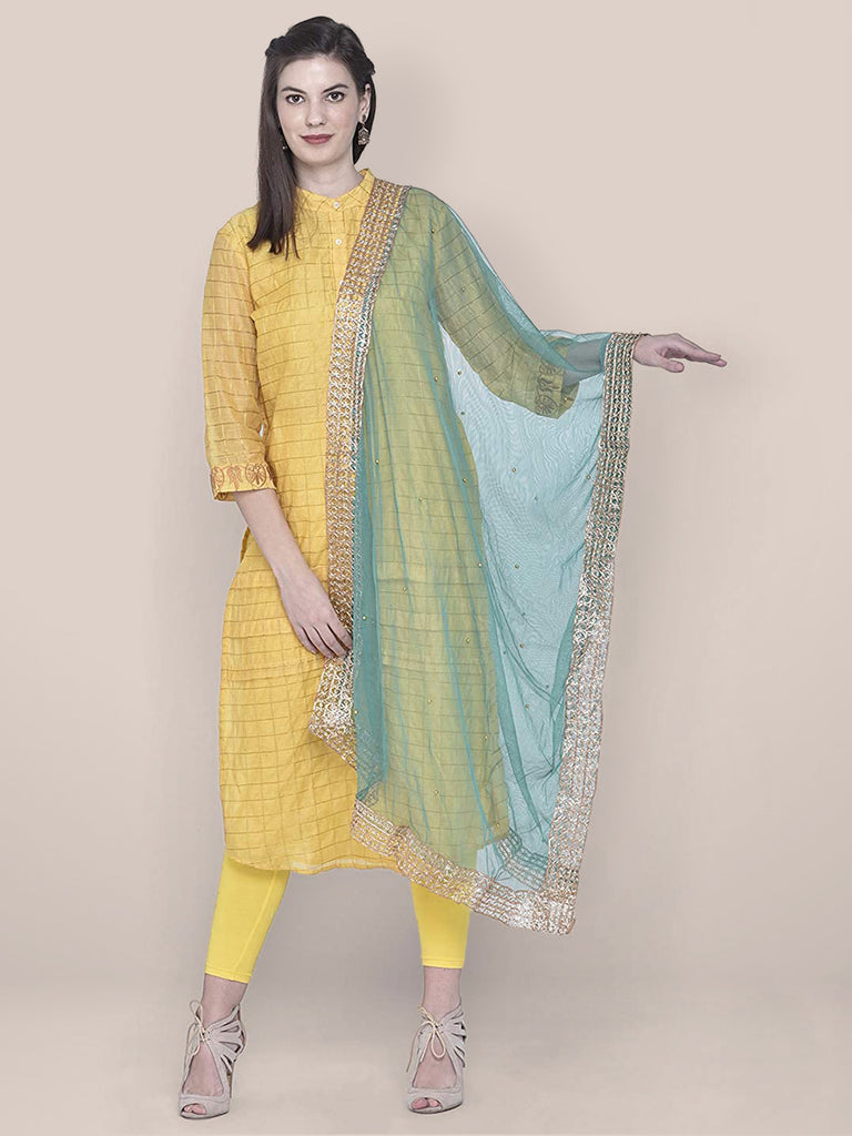Embellished Green Net Dupatta freeshipping - Dupatta Bazaar
