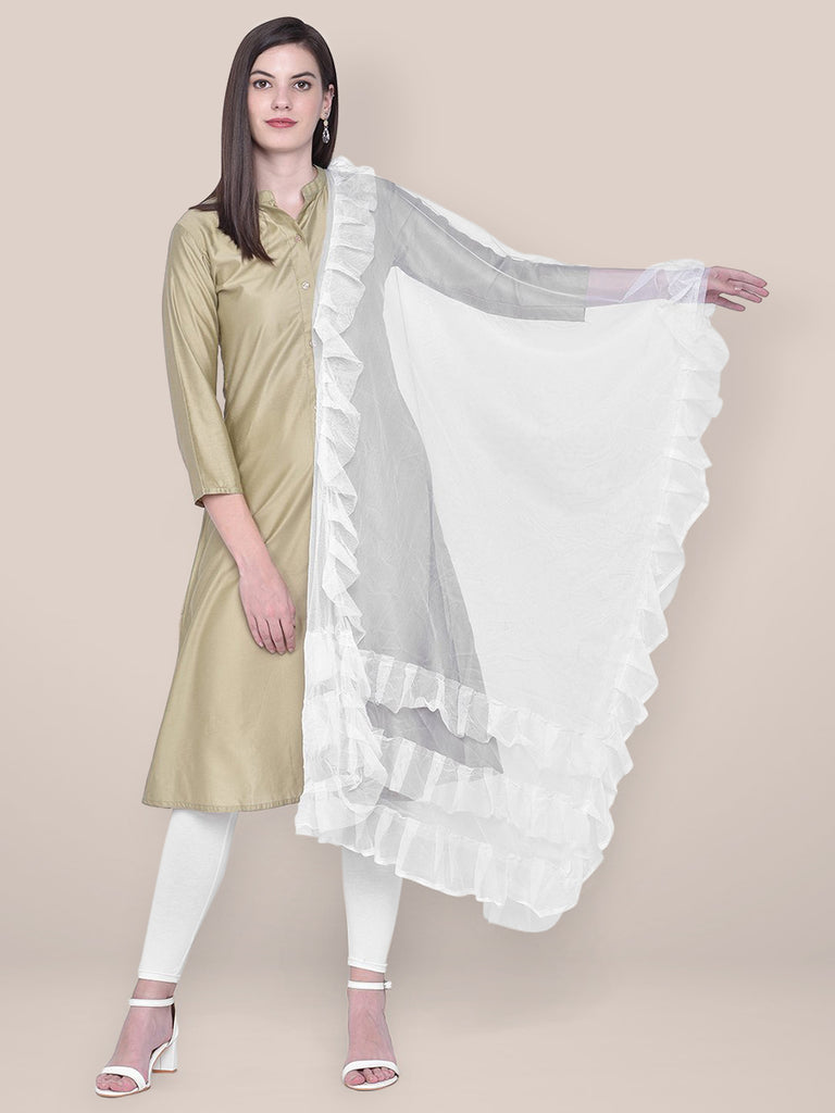 White Net Dupatta with Ruffles freeshipping - Dupatta Bazaar