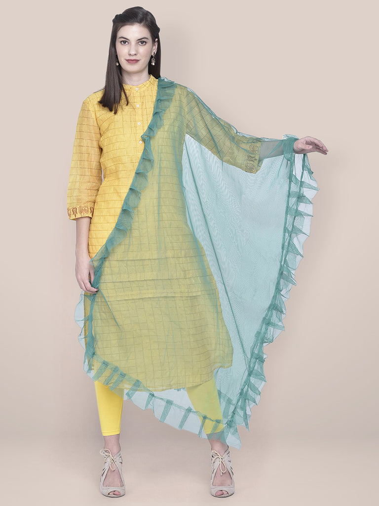 Olive Green Net Dupatta with Ruffles freeshipping - Dupatta Bazaar