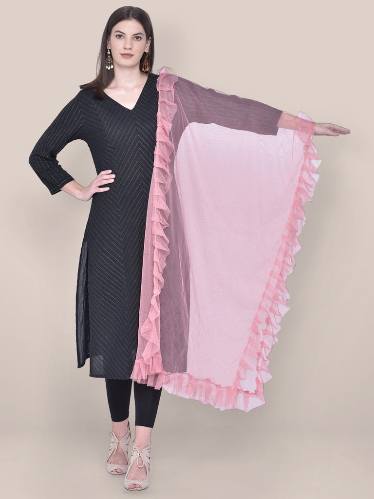 Dupatta Bazaar Woman's Onion Pink Net Dupatta with Ruffles freeshipping - Dupatta Bazaar
