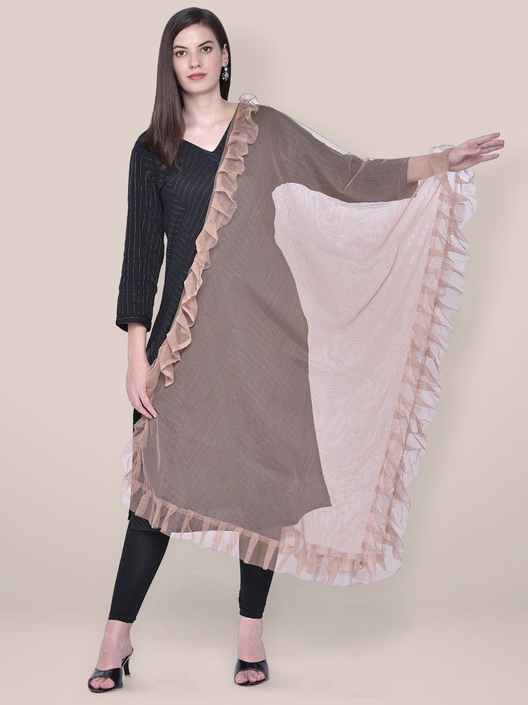 Dupatta Bazaar Woman's Brown Net Dupatta with Ruffles freeshipping - Dupatta Bazaar