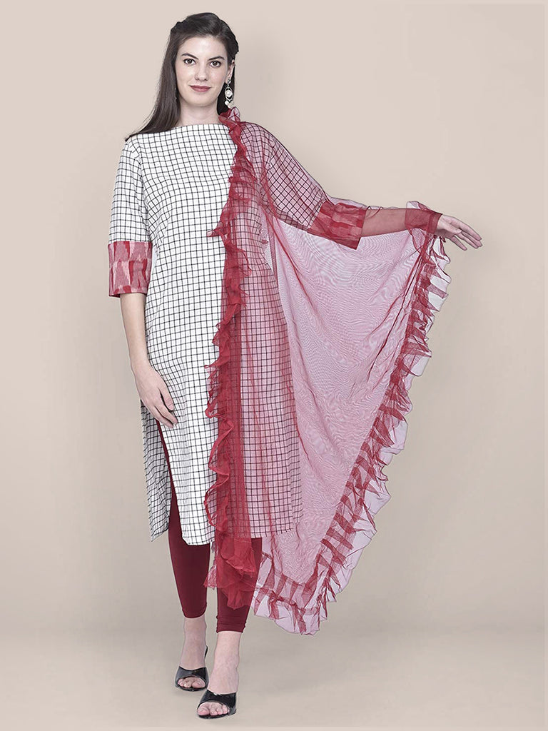 Maroon Net Dupatta with Ruffles freeshipping - Dupatta Bazaar