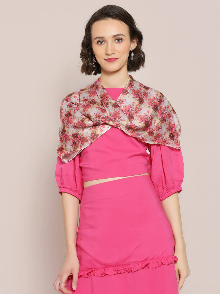 Pink & Multicolor Printed Satin Scarf 