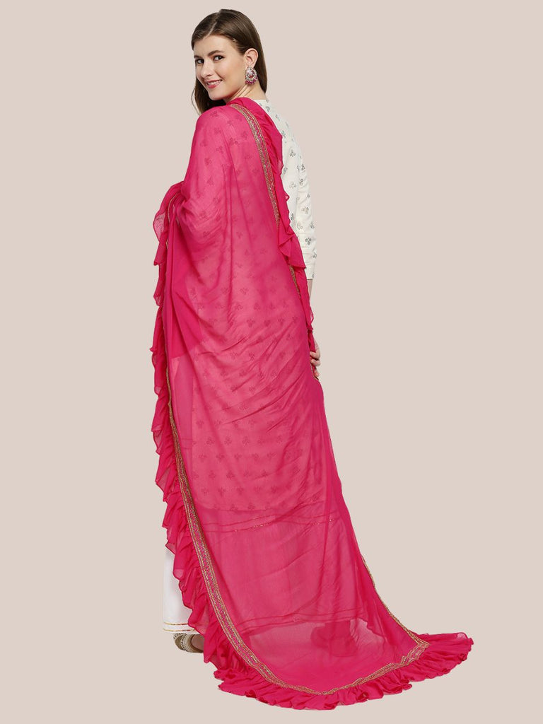 Dupatta In Chiffon Tinta Unita RANI SAAHIBA Per Donna - Leggera E Trasparente Con Bordo In Pizzo, Bianco, 2,35x1,20 M