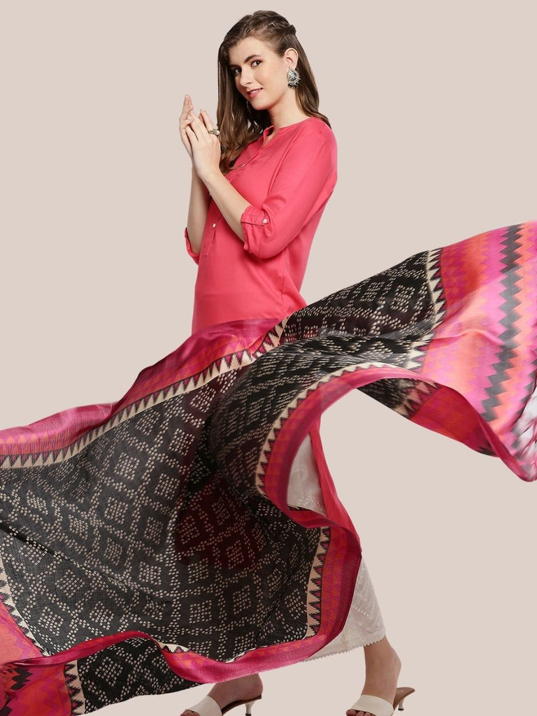 Black & Pink Printed Art Silk Dupatta