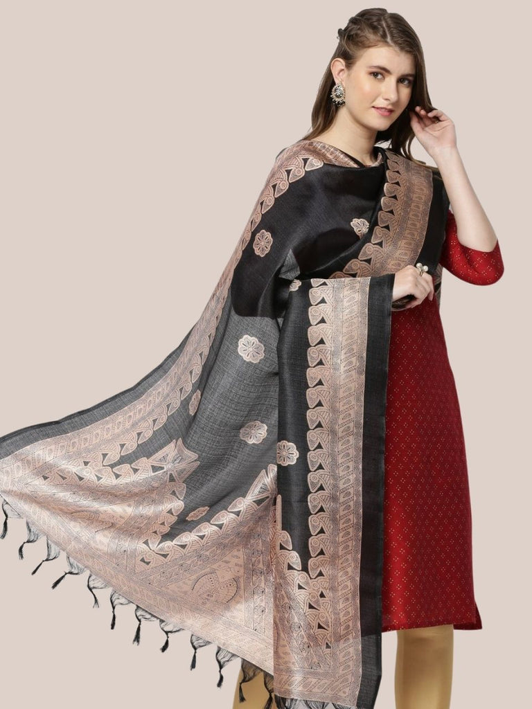 Black & Beige Printed Art Silk Dupatta