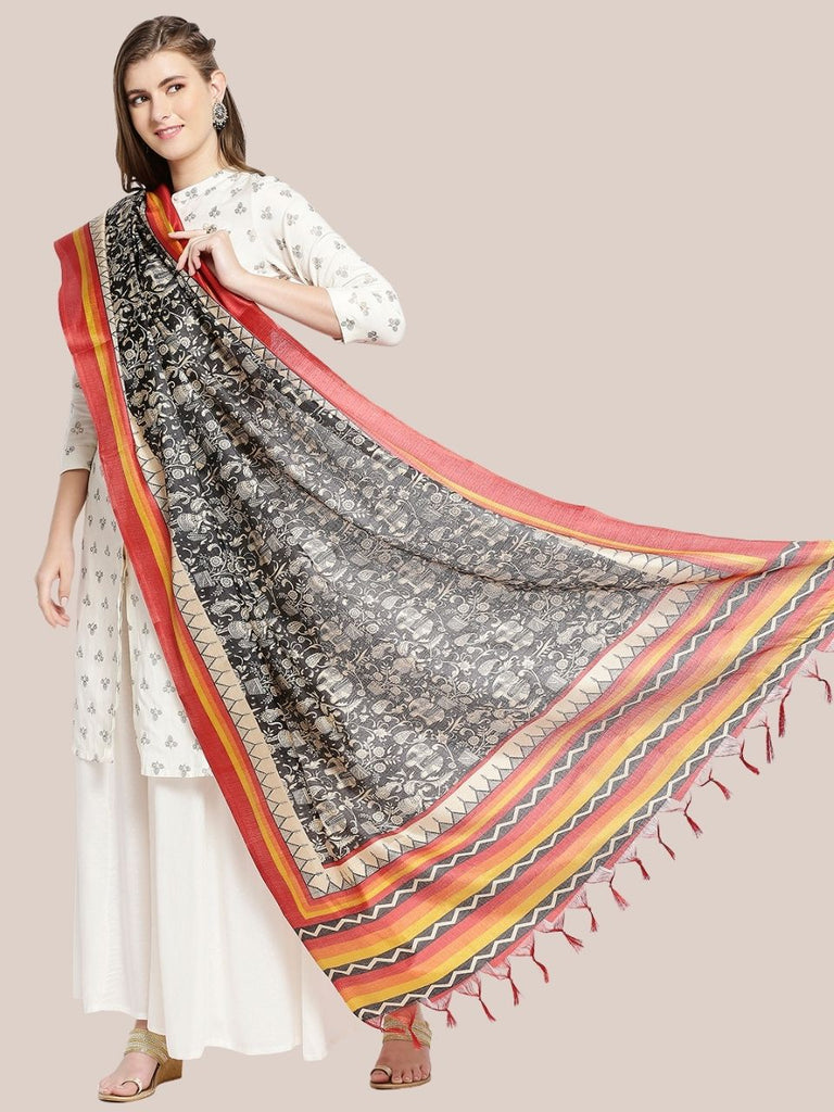 Ethnic Black and White Printed Art Silk Dupatta