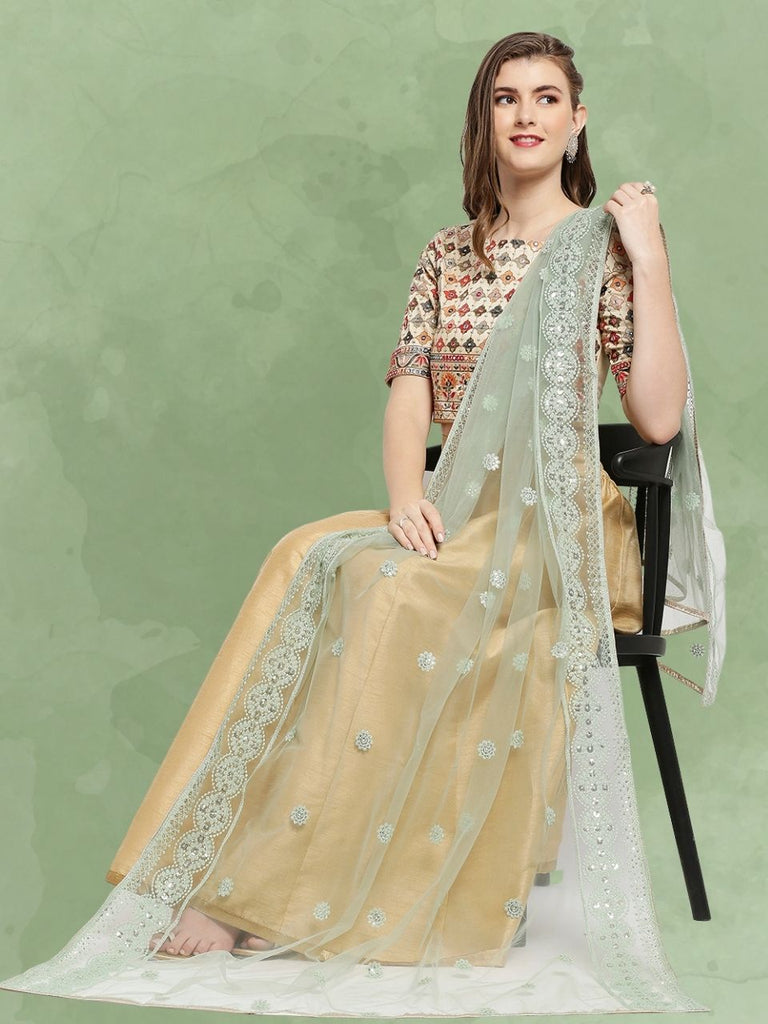 Pastel Green Floral Embroidered Net dupatta with Delicate Sequence