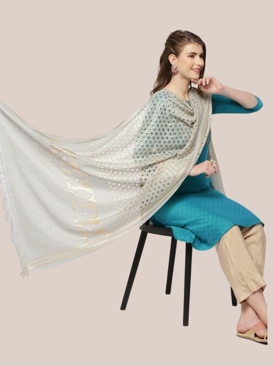 Cream Embroidered Net Dupatta
