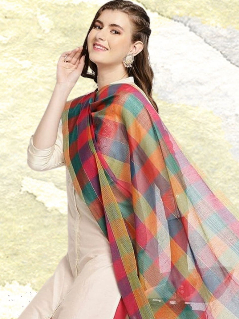 Checkered Blended Cotton Multicolour Dupatta