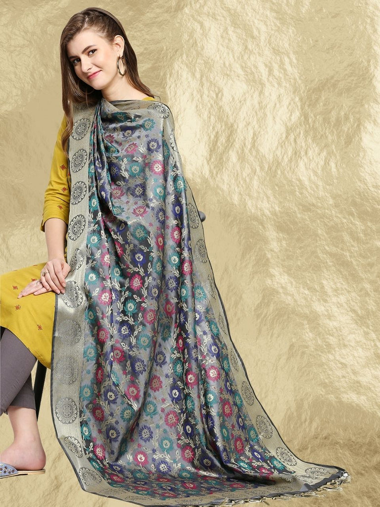 Grey Banarasi Silk Dupatta with Multicolour Weaving