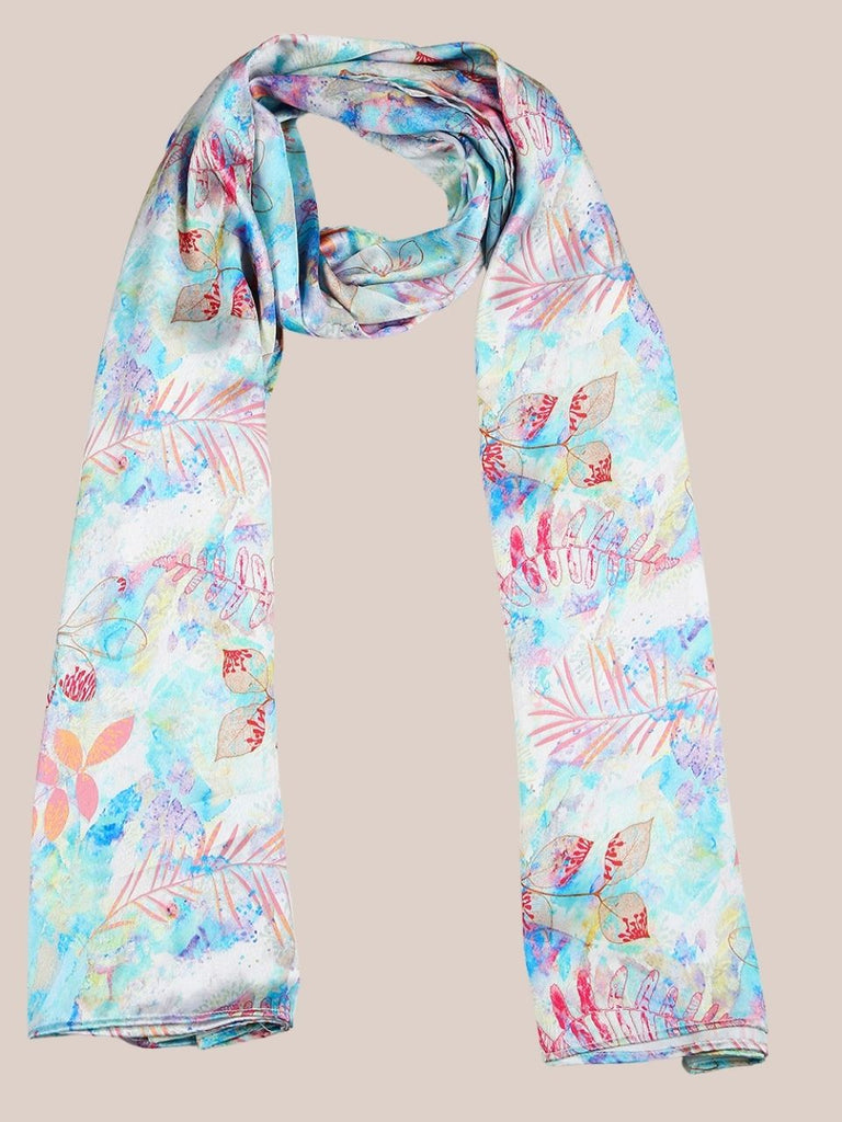Floral Printed Aqua Blue Satin Scarf/Stole – Dupatta Bazaar