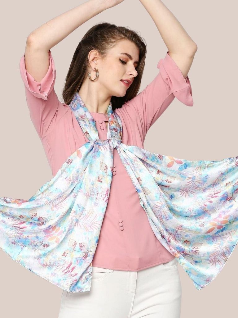 Floral Printed Aqua Blue Satin Scarf/Stole – Dupatta Bazaar