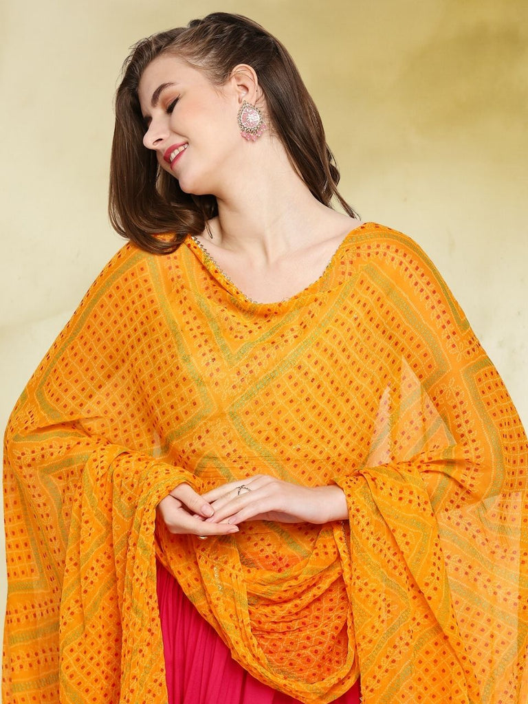Printed Bandhini Yellow Chiffon Dupatta