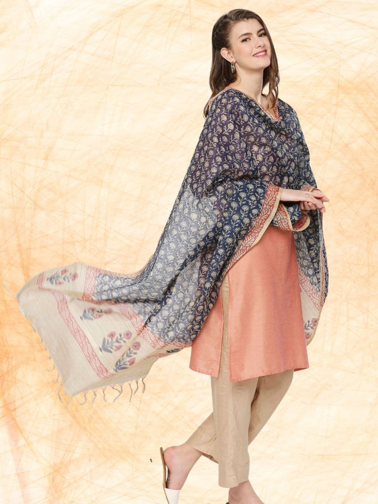 Navy Blue & Beige Hand Block Printed Chanderi Dupatta