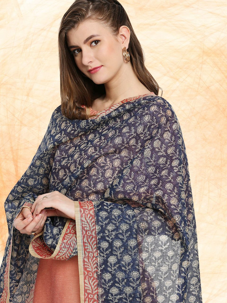 Yellow Chanderi Hand block Dupatta main image 1