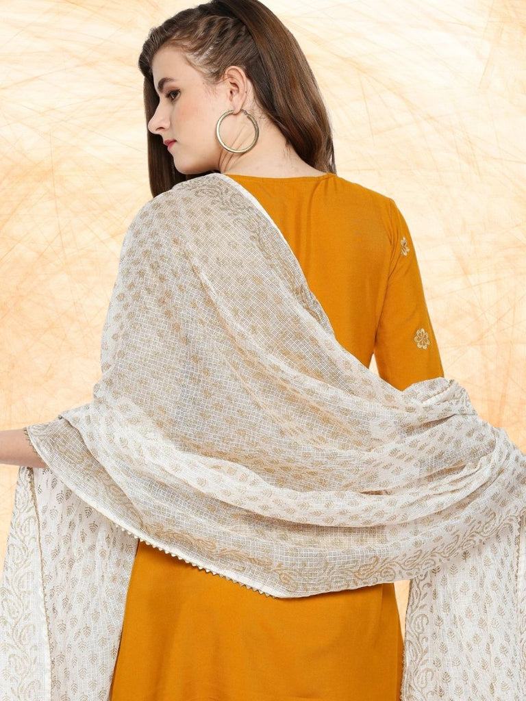 White Pure Kota Doria Dupatta with Gold Print