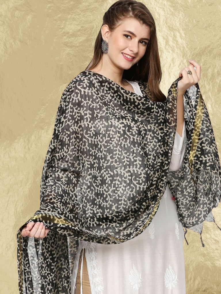 Black Ethnic Floral Digital Printed Dupatta