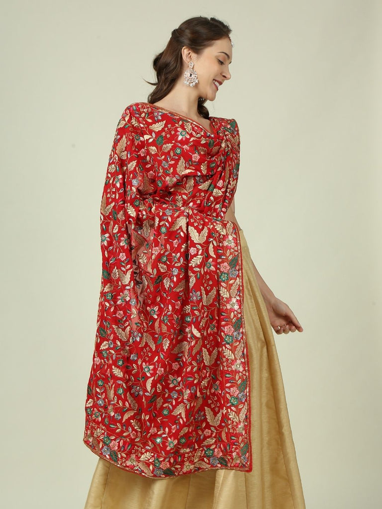 Red Dupatta with Heavy Multicolour Embroidery Dupatta Bazaar Red Dupatta with Heavy Multicolour Embroidery Dupatta Bazaar