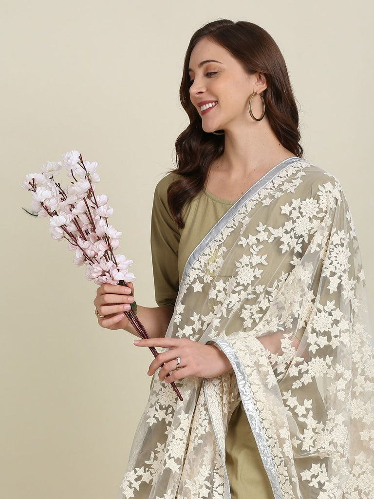 White Silver Embellished Net Dupatta main image 1