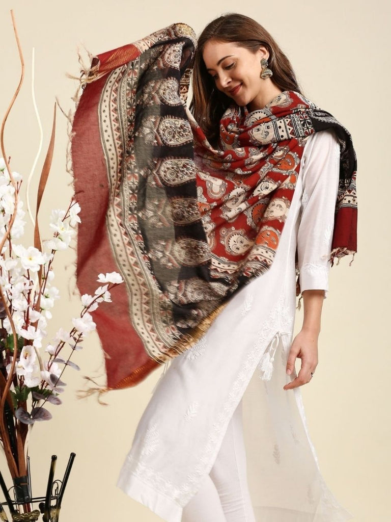 Kalamkari Mangalgiri Maroon & Multi Cotton Dupatta