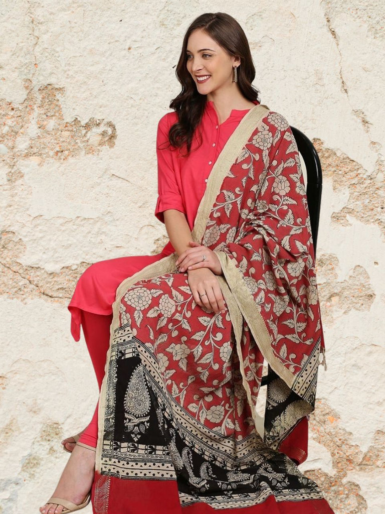 Kalamkari Mangalgiri Coral Cotton Dupatta