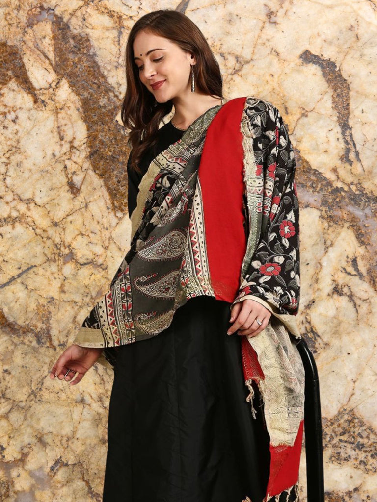 Kalamkari Mangalgiri Black & Coral Cotton Dupatta