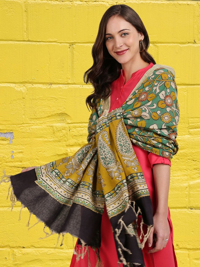 Kalamkari Mangalgiri Green & Mustard Cotton Dupatta