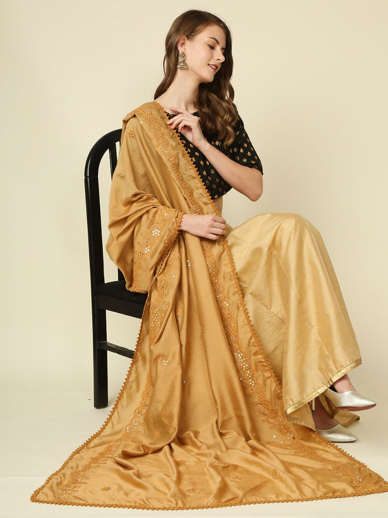 Embroidered Dark Beige Chanderi Silk with Mirror Work