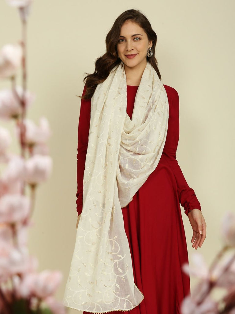 Off White Pure Cotton Dupatta All Over floral embroidery