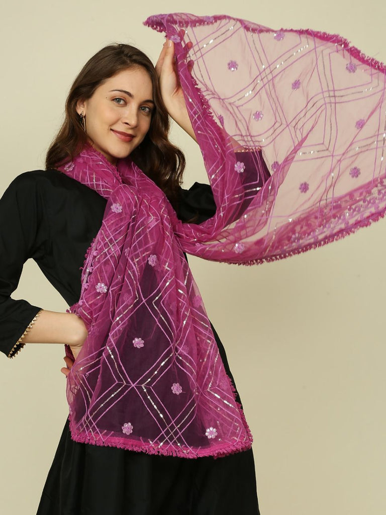 Purple Embroidered Net Dupatta with Sequins Work.