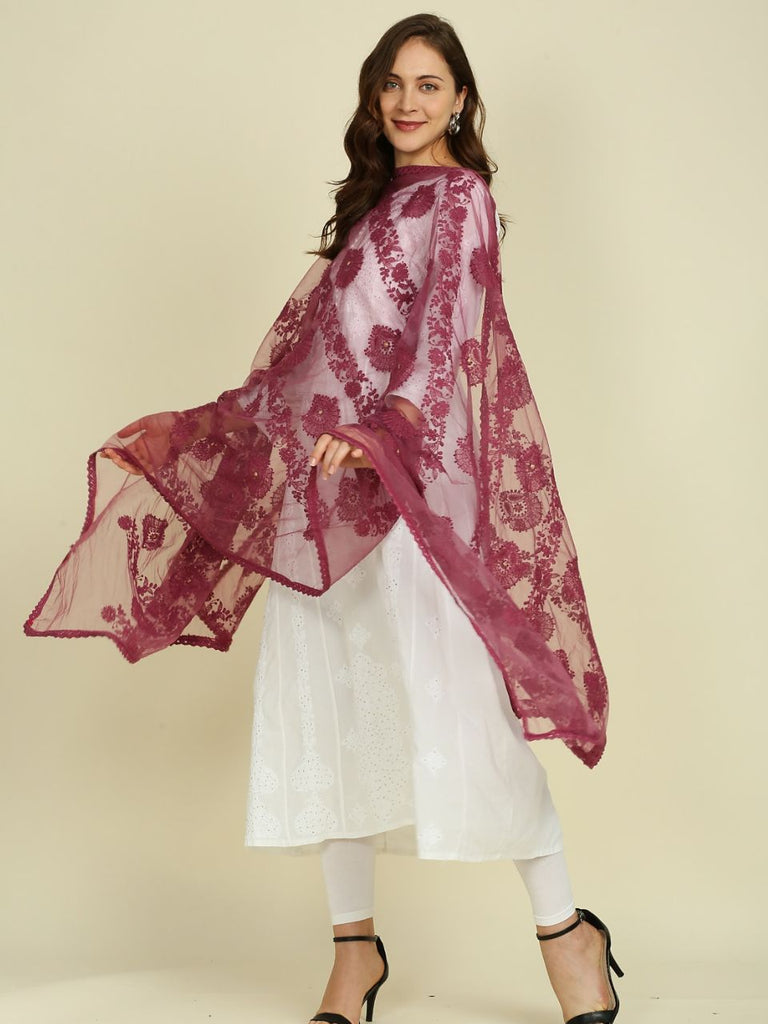 Lucknowi Embroidered Wine Net Dupatta