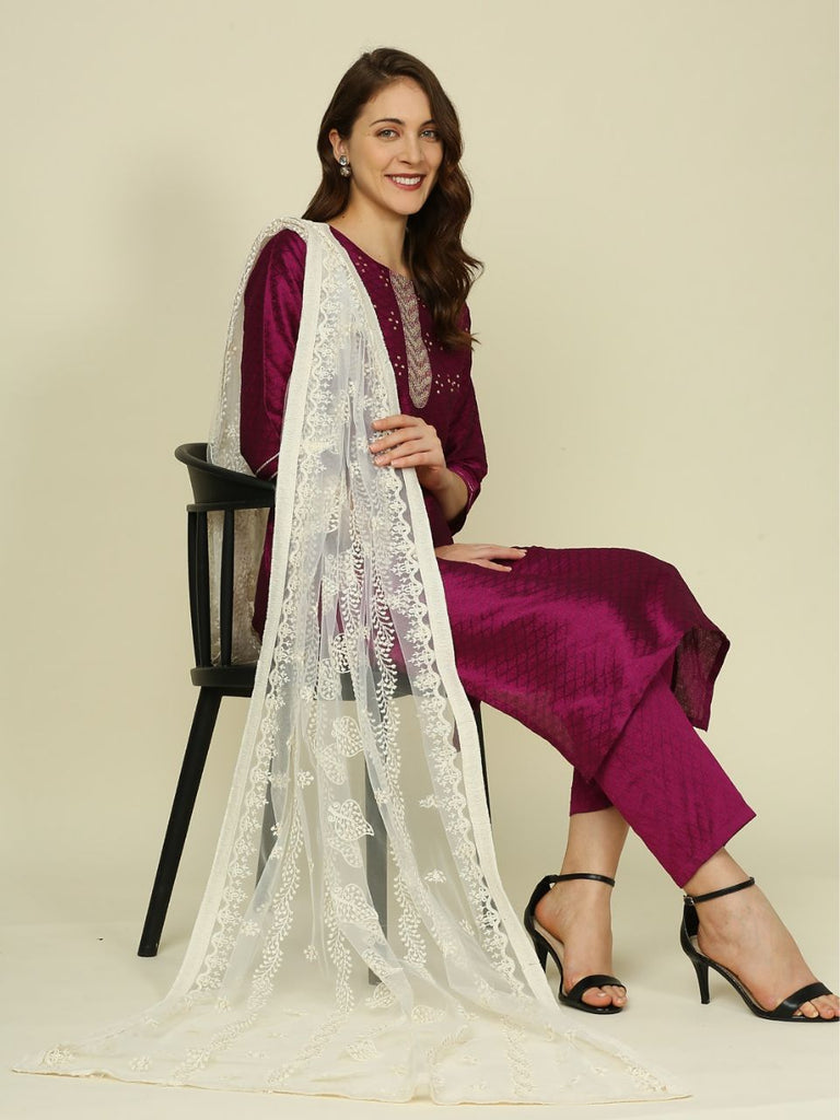 Floral Embroidered Off White Net Dupatta