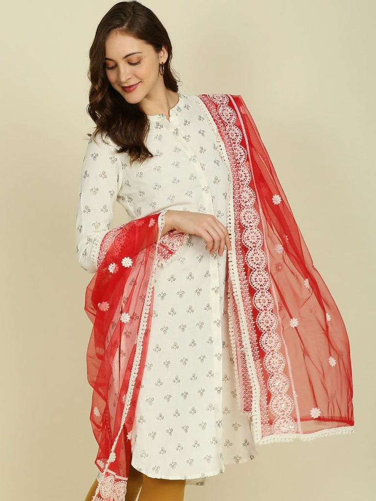 Floral Embroidered Red Net dupatta with Delicate Sequence – Dupatta Bazaar