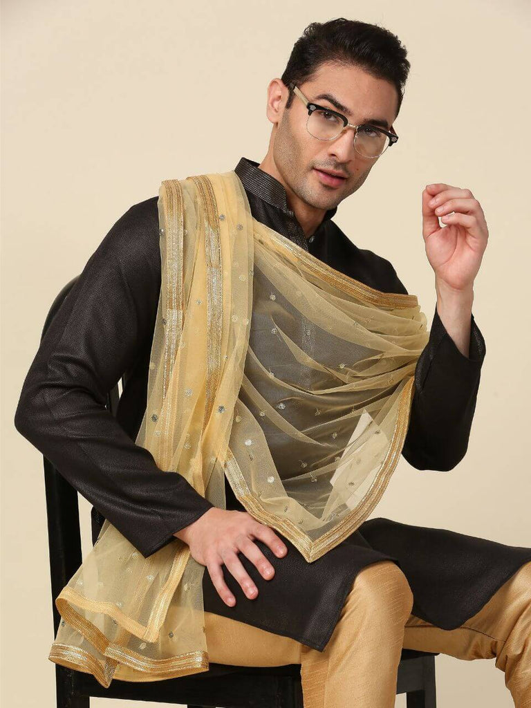 Men's Embellished Gold Net Dupatta for Kurta/Sherwani/Achkan Dupatta Bazaar Men's Embellished Gold Net Dupatta for Kurta/Sherwani/Achkan Dupatta Bazaar