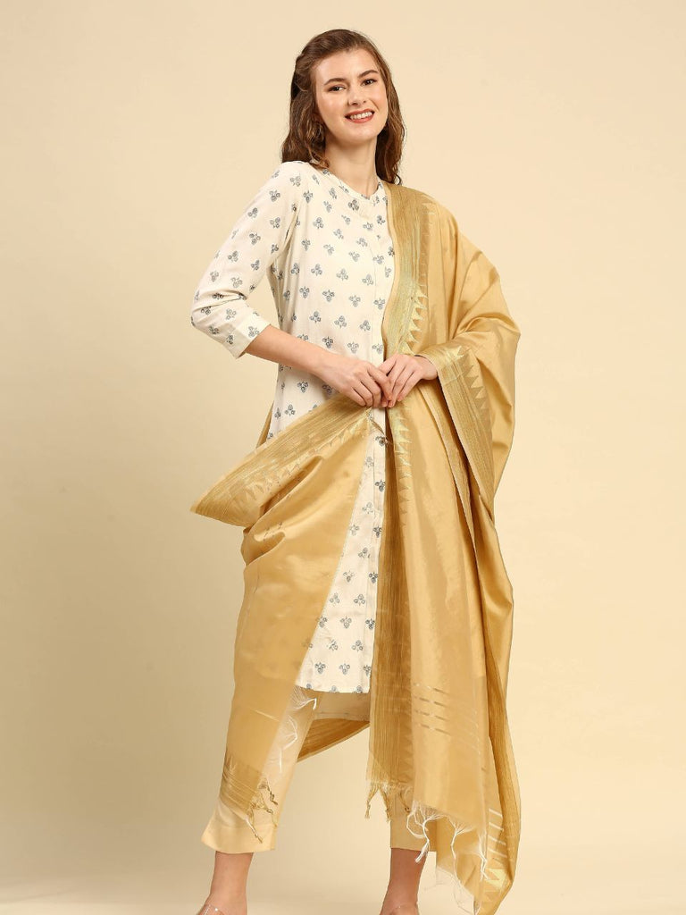 Gold Banarasi Silk Dupatta with Temple Border