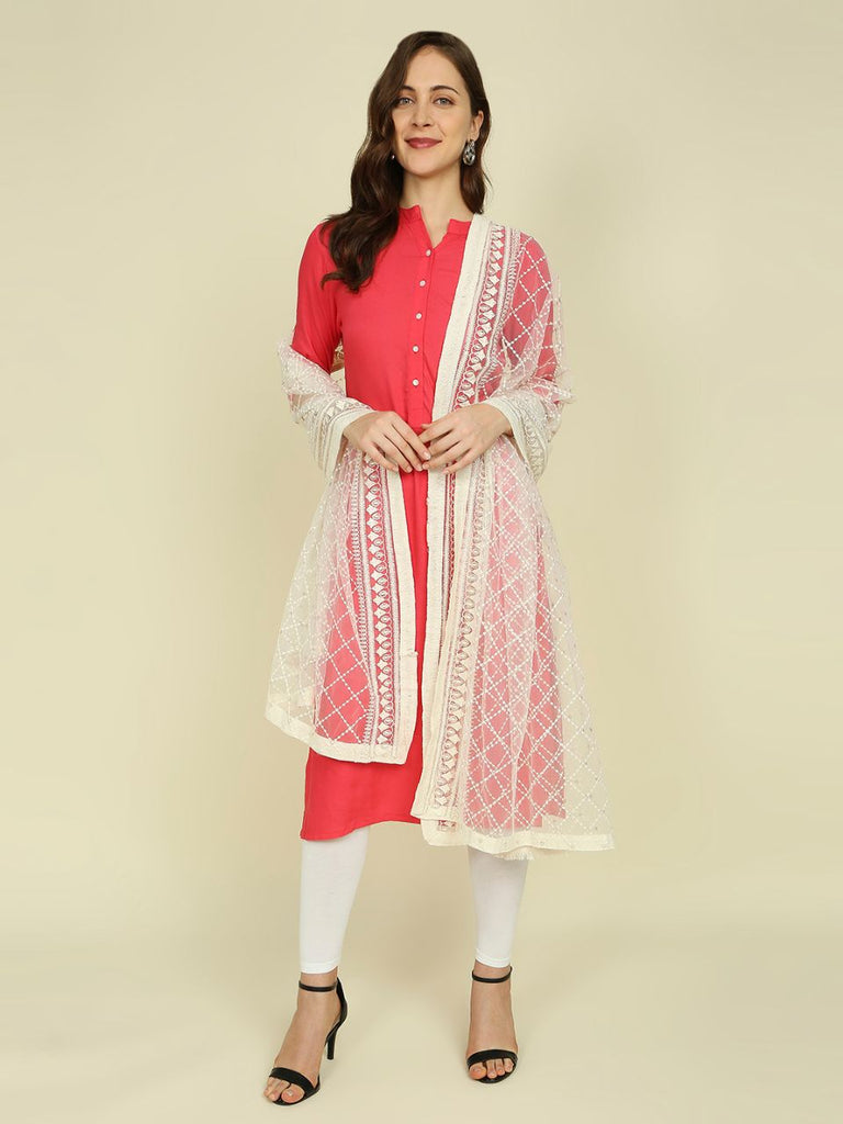 Off White Net Dupatta in Checkered Embroidery