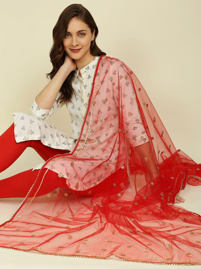 Red Net Dupatta with Sequins Motifs