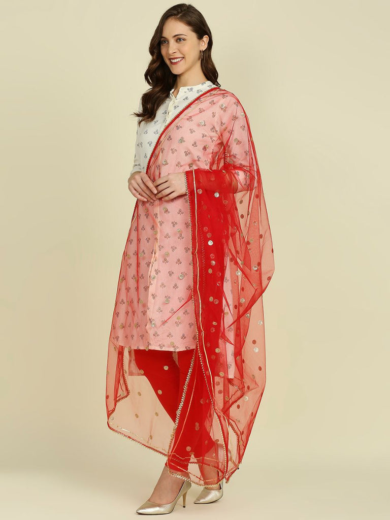 Red Net Dupatta with Sequins Motifs – Dupatta Bazaar