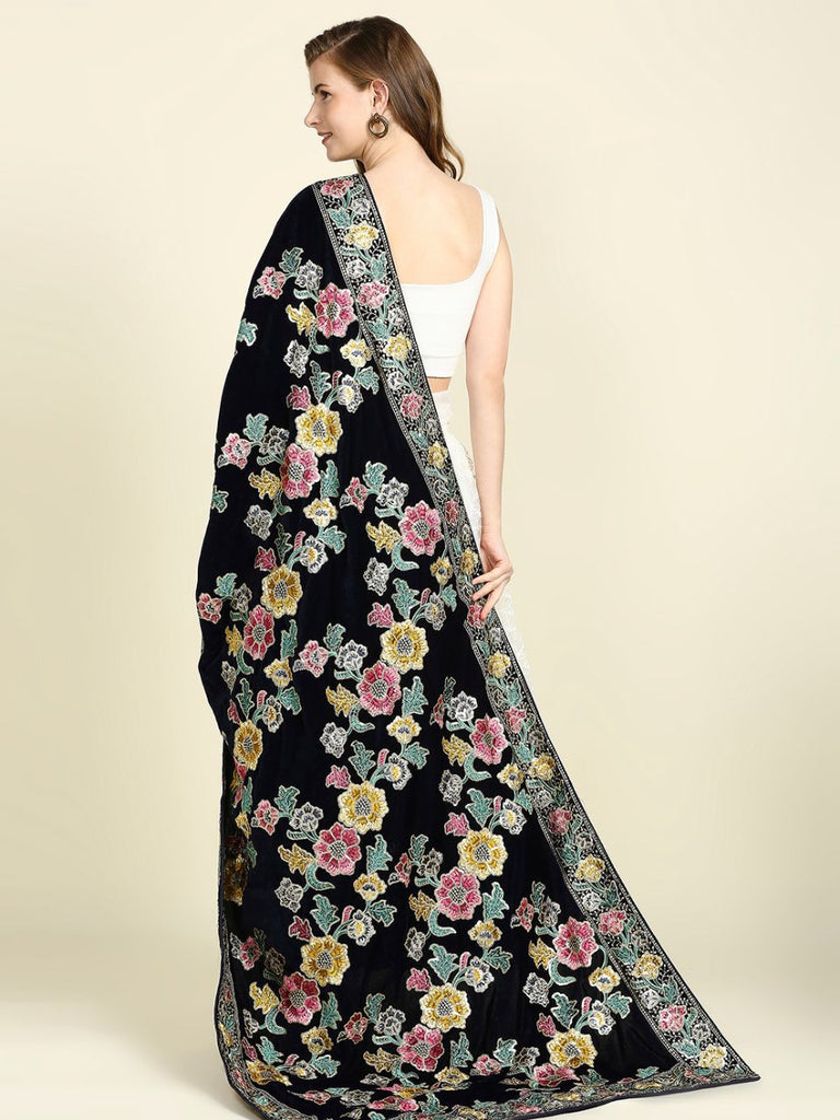 Blue Floral Gold Printed Rectangular Woven Dupatta