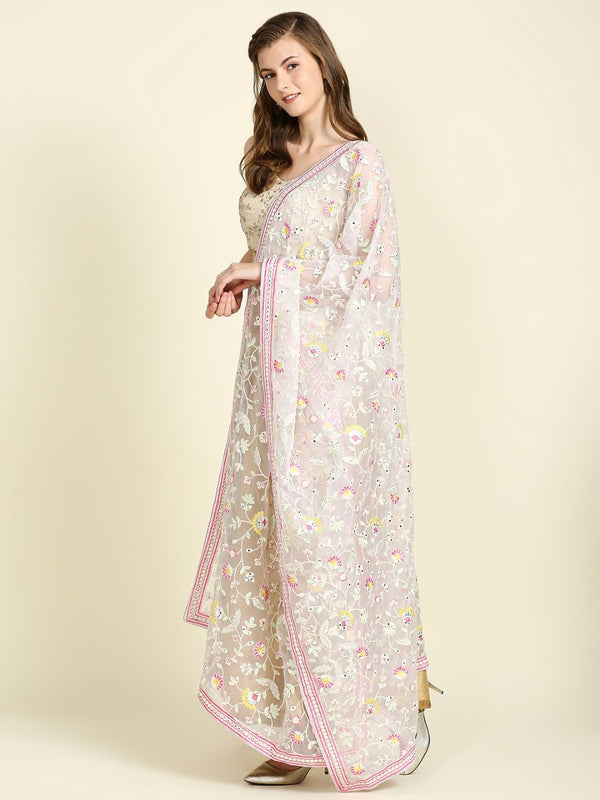White & Pink Organza Dupatta with Heavy Embroidery & Mirror Work ...