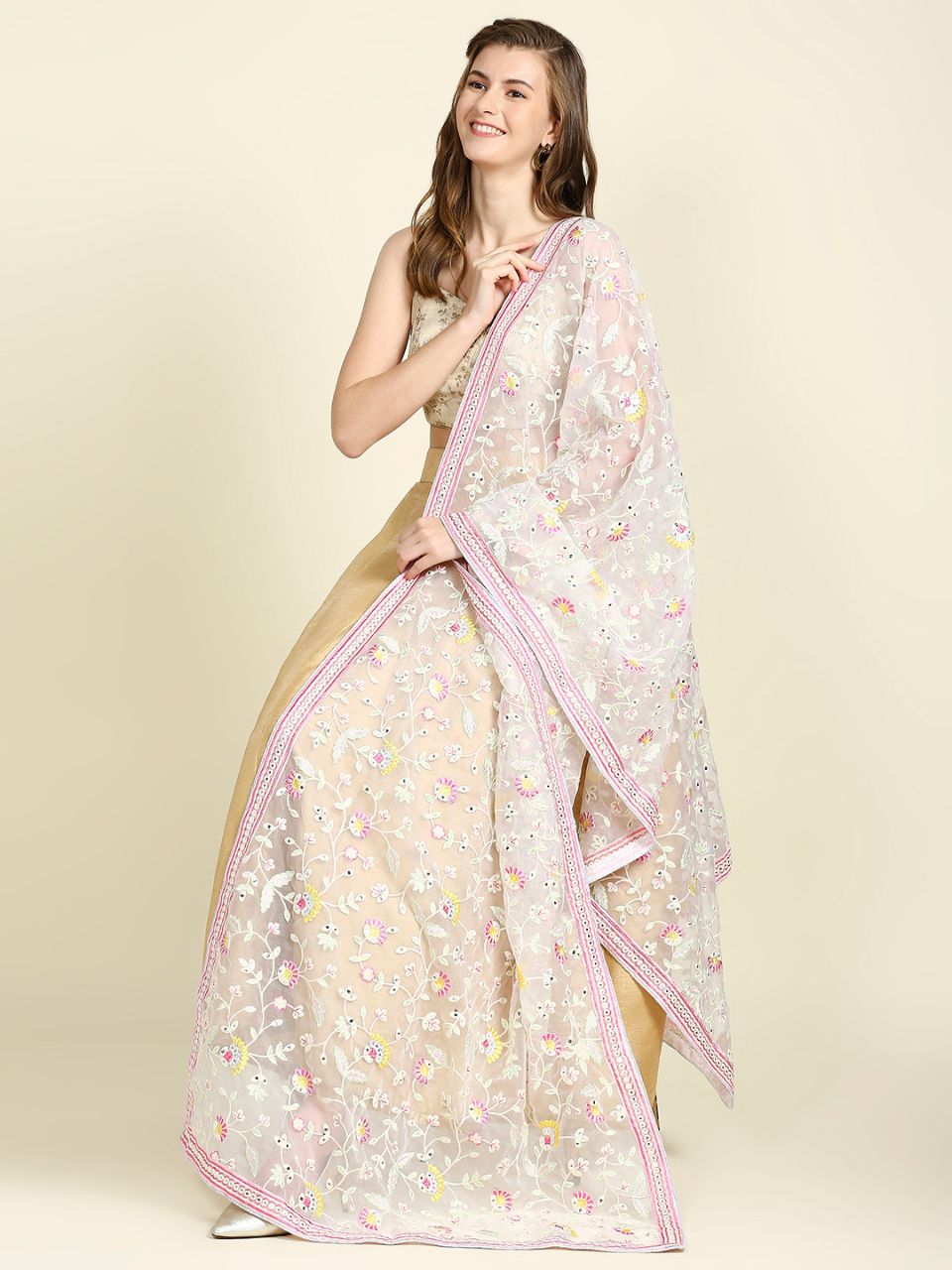 White & Pink Organza Dupatta with Heavy Embroidery & Mirror Work ...