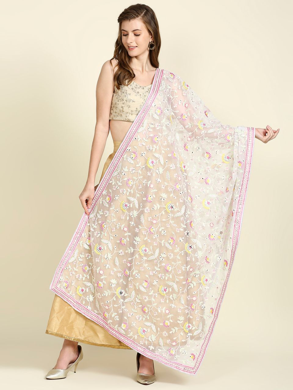 Orange Mirror Embroidery Organza Dupatta main image 1