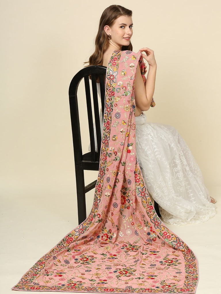 Multicoloured Floral Heavily Embroidered Blush Pink Georgette Dupatta