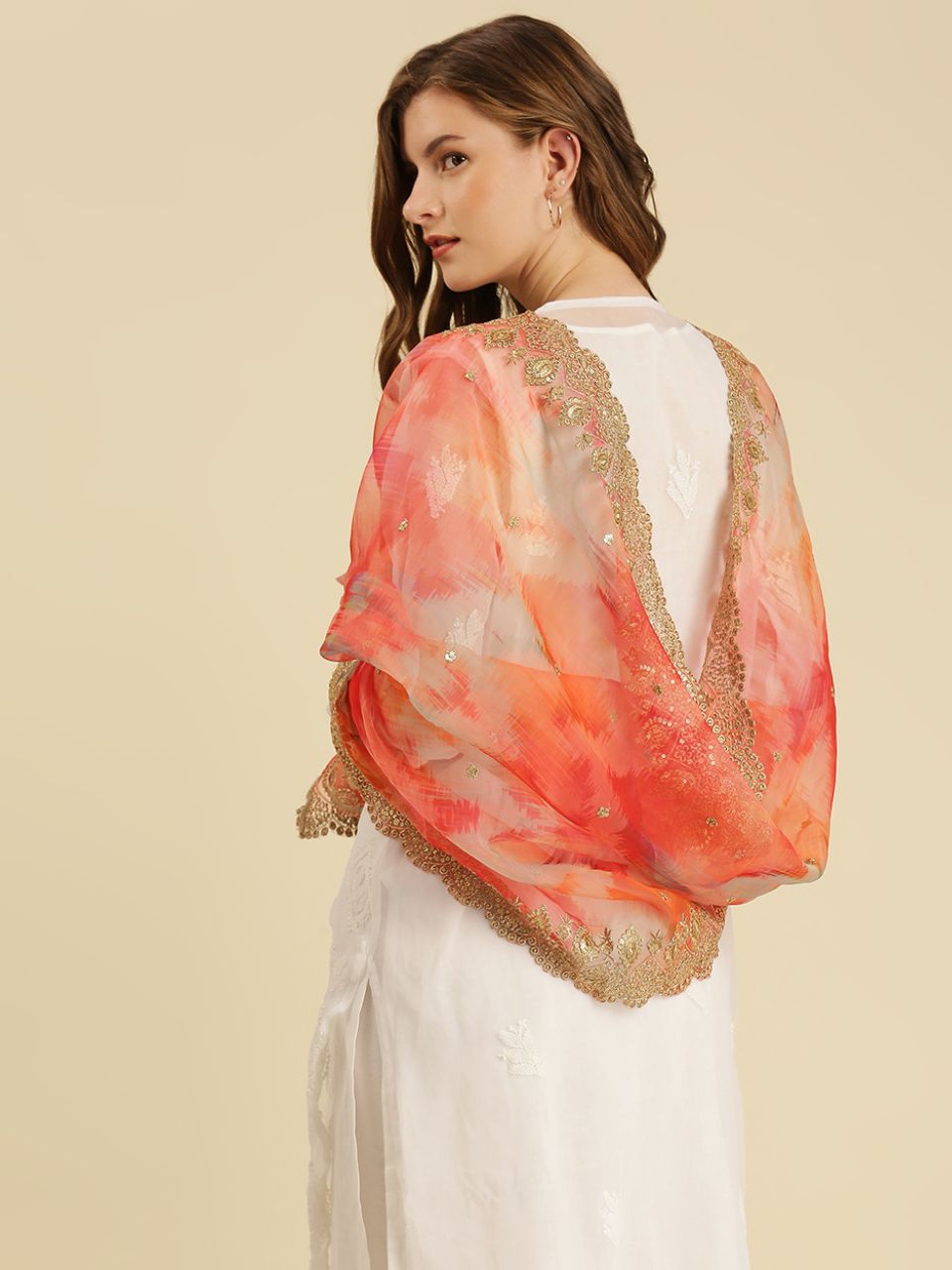Festive Red Organza Dupatta with Heavy Gold Embroidered Border