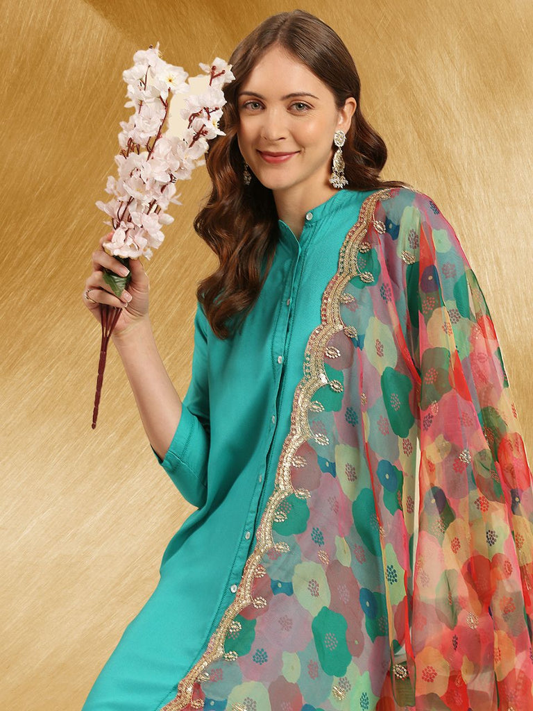 Multicolour Floral Printed Organza Dupatta with Embellished border