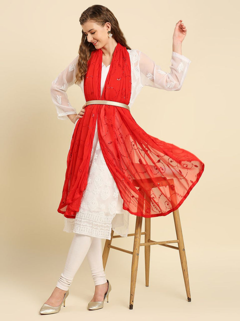 Floral Embroidered Red Chiffon Dupatta with Sequin Work Dupatta Bazaar Floral Embroidered Red Chiffon Dupatta with Sequin Work Dupatta Bazaar