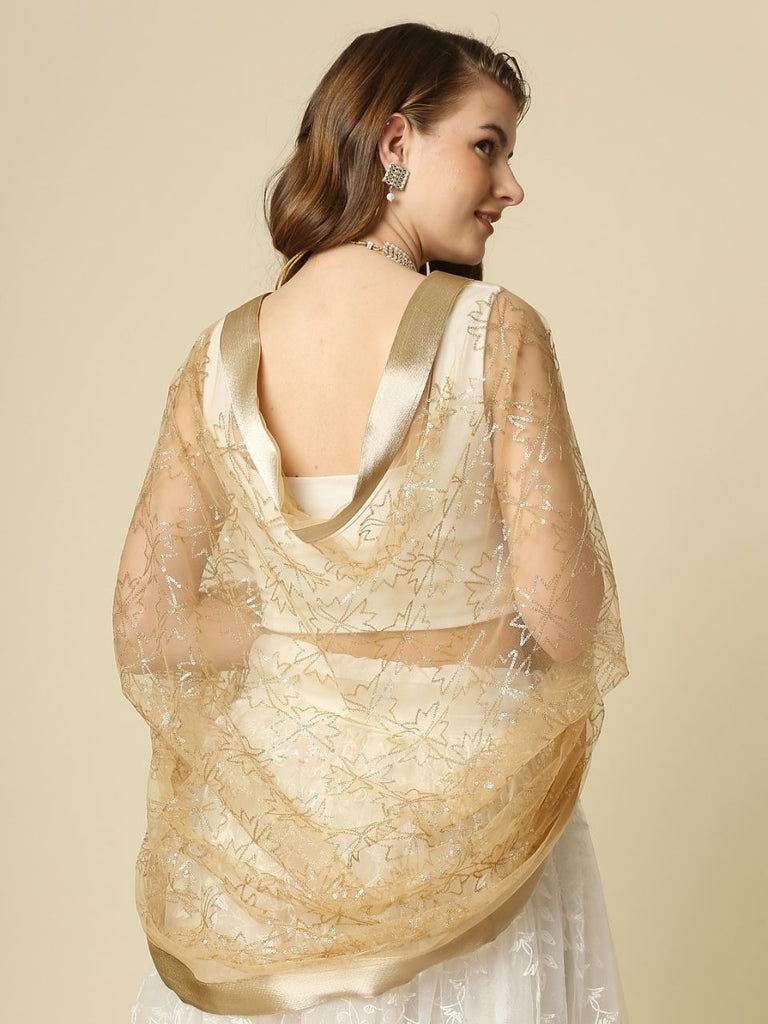 Embroidered Gold Net Dupatta with Satin Border – Dupatta Bazaar